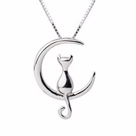 Kitty Cat Sits on A Silver Moon Necklace - Picture 1 of 3